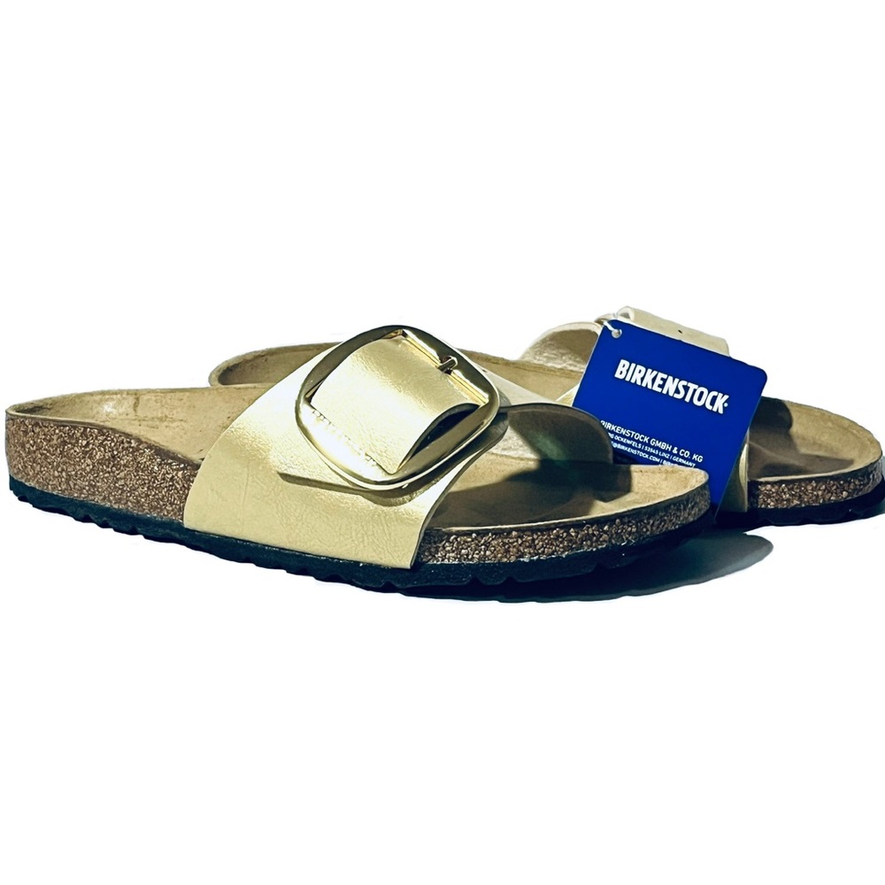 NWT Birkenstock Madrid Big Buckle Slide Sandal in Gold Metallic